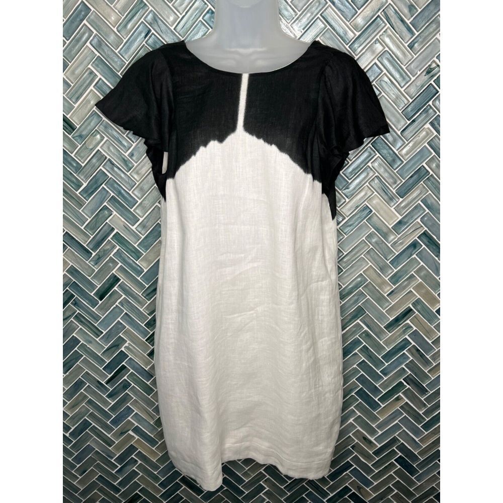 J CREW LINEN KNEE‎ LENGTH FLUTTER SLEEVE LINED BLACK WHITE ROOMY A-LINE DRESS S